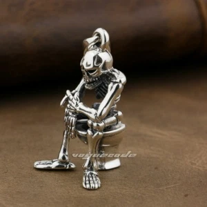Smoking Skull On Closestool 925 Sterling Silver Pendant Punk Jewellery 8P024C - Picture 1 of 3