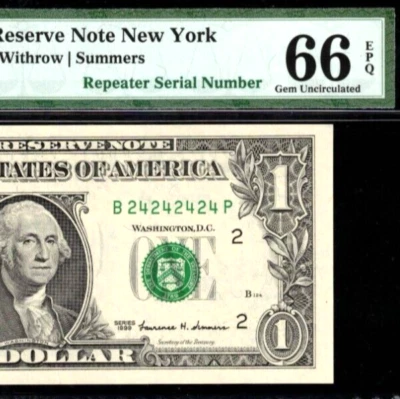1999 $1 Federal Reserve Note PMG 66EPQ birthday fancy super repeater 24242424 - Image 1 of 3