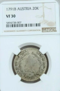 1791 AUSTRIA SILVER 20 KREUZER LEOPOLD II NGC VF 30 GREAT SURFACES - Picture 1 of 5