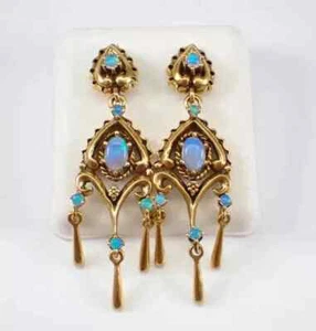 2.40Ct Oval Cut Fire Opal Vintage Women Dangle Earrings 14K Yellow Gold Plated - Picture 1 of 7