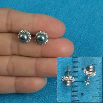 Sterling Silver Black Pearl & CZ Stud Earrings – Traditional Round - Image 1 of 4