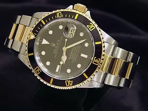 Rolex Submariner Mens 18k Yellow Gold Stainless Steel Watch Black Sub Date 16613 - Picture 1 of 7