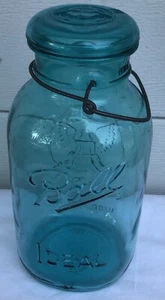 Vintage Ball Ideal Aqua Blue Green Quart Mason Jar Bale Lid Eagle Heritage - Picture 1 of 10
