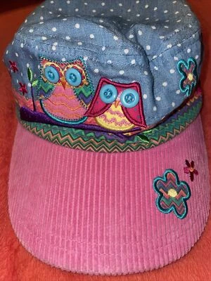 Girls Stephen Joseph Pink Hat  Corduroy Bill  with Owls and Flowers - Image 1 of 4