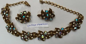 FLORENZA Conjunto de Collar Vintage FIRMADO Aurora Boreal y Estrás Clip Pendientes - Imagen 1 de 15