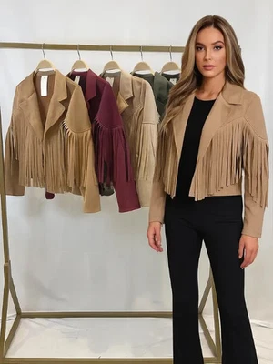 Women’s Chic Cropped Tassel Fringe Faux Suede Moto Jacket - Image 1 of 4