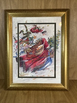 Windswept Santa Claus By Peggy Abrams Gold Tone Framed & Matted Art 20x15.5” - Image 1 of 4