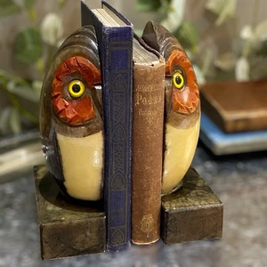 Vintage Owl Bookends Made in Italy Carved Alabaster Stone Glass Eyes MCM Brown - Picture 1 of 12