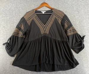 Camisa Babydoll Time and True Lateral Manga Corbata Boho Bordada Encaje Negra XL - Imagen 1 de 11
