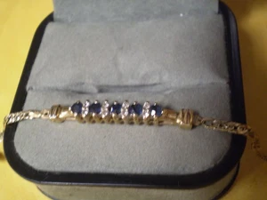 14K Yellow Gold Ladies 5-Sapphire & 8-Diamond Link Bracelet       3.2 grams - Picture 1 of 5