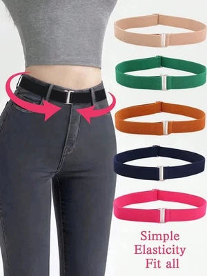 100cm Women Invisible Elastic Belt NoShow Belt with Flat Buckle  for Jeans Dress - Image 1 of 4
