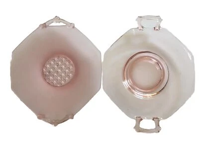 2) FOSTORIA PINK GLASS SMALL PLATES WITH HANDLES SERVING FLAT BOWLS VERY NICE - Image 1 of 4