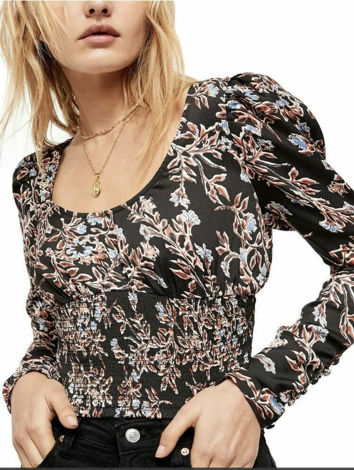 People Womens Black Floral Long Sleeve Scoop Neck Top Size L
