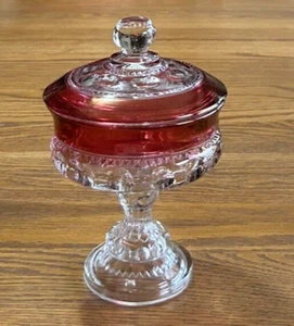 INDIANA GLASS KINGS CROWN WEDDING JAR CRANBERRY FLASH AND LID VINTAGE CANDY DISH - Picture 1 of 9