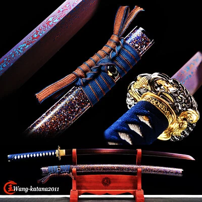 Espada funcional samurai japonesa Katana afilada de acero plegada Damasco roja y azul Foto 1 de 4