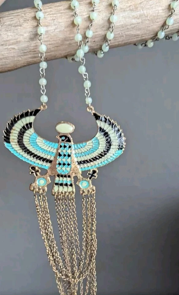 Zad Eagle Fringe Necklace Horus Long Statement Beaded Blue Black Egyptian Boho  - Image 1 of 4