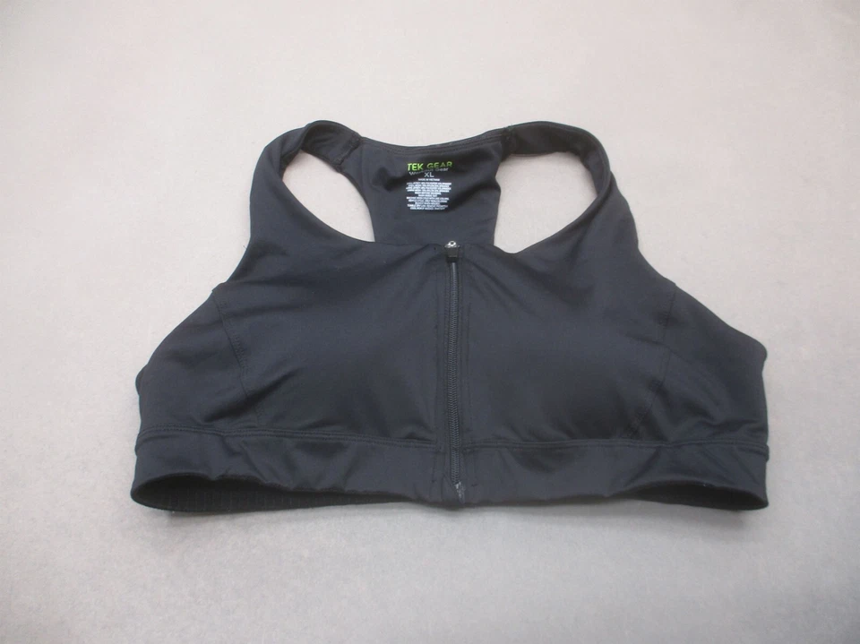 TEK GEAR размер XL женщин черный с подкладкой беспроводной спереди молнии гонщик назад спортивный бюстгальтер 10B - Изображение 1 из 4