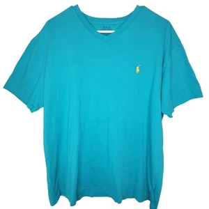 Polo Ralph Lauren VNeck Tshirt Men's Size Medium Teal W/Yellow Pony Horse Cotton - Picture 1 of 9