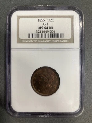 Medio centavo cabello trenzado 1855 - NGC MS64 RB Foto 1 de 2