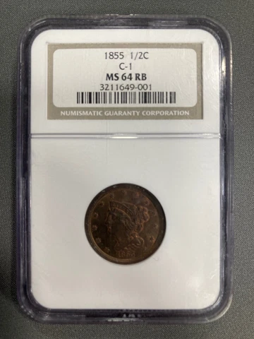 1855 Braided Hair Half Cent - NGC MS64 RB Cover