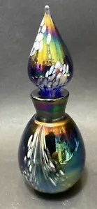 Bottiglia profumo vetro artistico vintage cobalto iridescente soffiato a mano disegno piumato - Foto 1 di 7