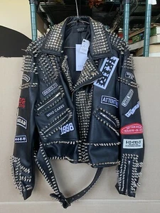 Chaqueta de cuero para mujer Akira Azalea Wang Punk Rock tachonada retazos moto XL - Imagen 1 de 13