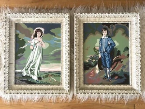 20" Vintage MID-CENTURY Paint By Number PINKIE & BLUE BOY Framed MOD KITSCH Pair - Picture 1 of 12
