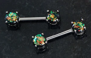 Pair 14g 9/16" (14 mm) Surgical Steel Dark Green Opal Glitter Nipple Rings - Picture 1 of 3