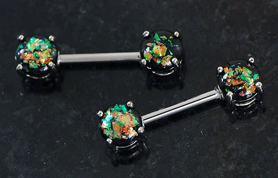 Pair 14g 9/16" (14 mm) Surgical Steel Dark Green Opal Glitter Nipple Rings - Image 1 of 3