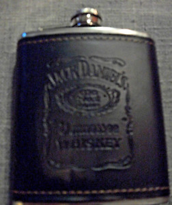 Liquor Flask Jack Daniel's black leather Tennessee Whiskey metal Flask 7oz.