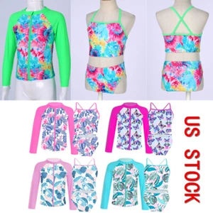 Girls Tankini Rash Guard Swim Sets Long Sleeves Coat Tank and Bikini Briefs - Picture 1 of 28