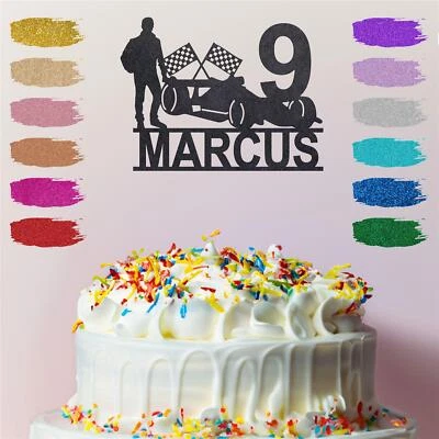 YOUNIQUE GIFTS F1 Formula One Race Car Cake Topper Personalised Birthday Glitter Card Name Age