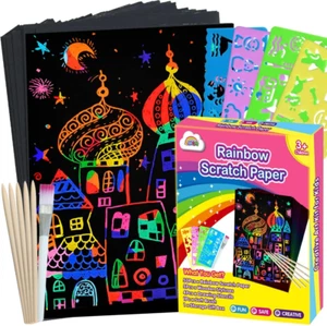 Scratch Paper Art Set, 60 Pcs Rainbow Magic Scratch Paper for Kids Black S - Picture 1 of 12