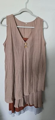 Lindo Vestido Mujer 2 Piezas Lino y Algodón Marrón Grande Foto 1 de 4