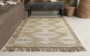 Indian Handmade Wool Jute Kilim Rug With White Design Rug, Fringes Jute Rug - Picture 1 of 5
