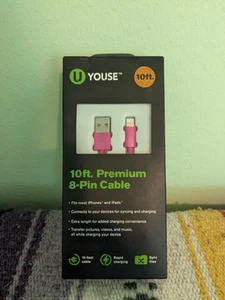 Premium 8 pin 10ft Cable, Pink, for Sync and Charging - Picture 1 of 4