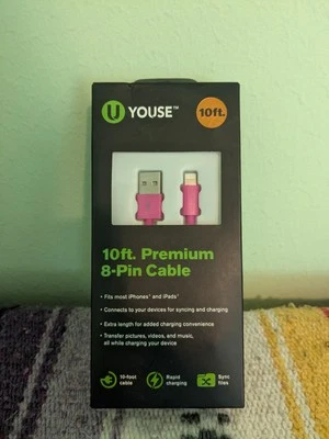 Premium 8 pin 10ft Cable, Pink, for Sync and Charging - Image 1 of 4