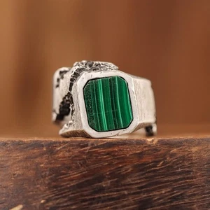 Anillo vintage de malaquita natural para hombre de plata de ley 925 hecho a mano joyería regalo - Imagen 1 de 5