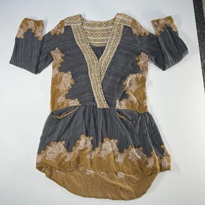 Free People Boho tunica pizzo a righe floreali M blu senape manica 3/4 contadino - Foto 1 di 10