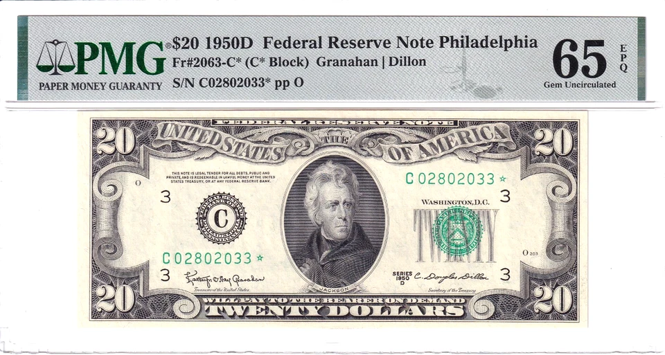 1950-D $20 FRN Philadelphia *STAR* PMG Gem Unc 65EPQ Rare Pop 3/3 #C02802033* - Image 1 of 2