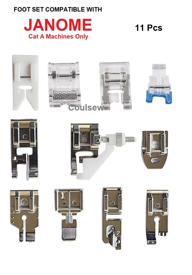 11 COMMON FOOT SET ZIPPER ROLLER QUILTING 1/4 FITS Cat A JANOME SEWING MACHINES - Image 1 of 1