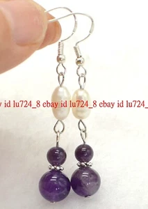 Natural White Rice Pearl &Amethyst Round Gems Beads Silver Hook Dangle Earrings - Picture 1 of 12
