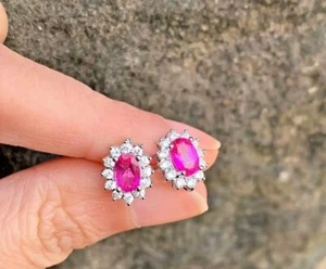 2ct Oval Halo Lab Created Ruby /Diamond Stud Earrings 14k White Gold Plated - Picture 1 of 6