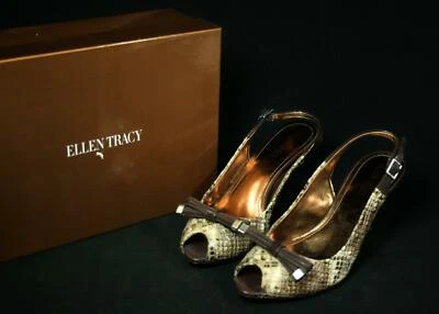 Damas Ellen Tracy Jaywalk Marrón Imitación Piel de Serpiente Puntera Abierta Tacones Zapatos + Caja 7.5M Foto 1 de 4