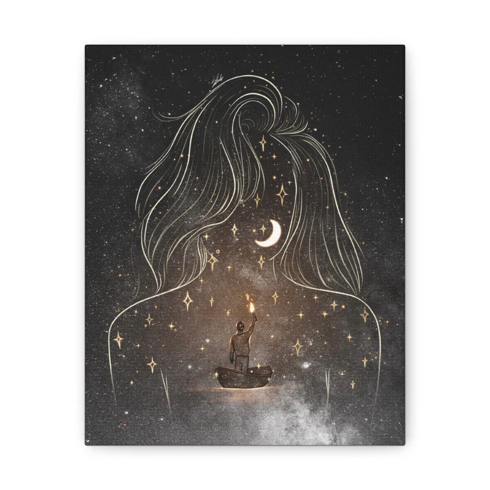 Intricate Drawing: Man in Boat with Fire - Canvas Art Print - Image 1 of 1