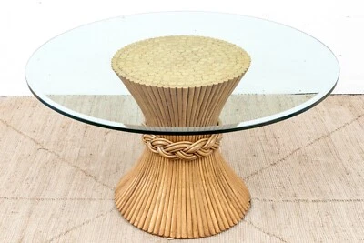 Mesa de comedor McGuire vintage años 70 muebles bambú trigo gavilla vidrio superior Foto 1 de 4