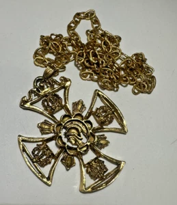 Chunky Roman Crown Filigree Gold tone Maltese Cross Pendant Vintage Necklace - Picture 1 of 6