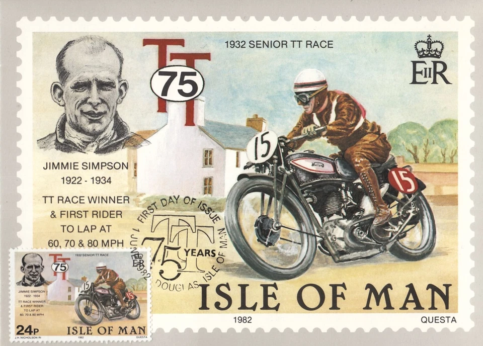 Jimmy Simpson Biker Winner TT Bike Norton Isle Of Man 1932 Maxi Card FDC 1982 - Image 1 of 1