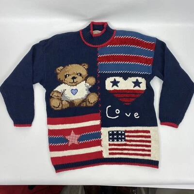 Marsh Landing Size Petite L Teddy Bear Sweater Stars America Patchwork Flag - Image 1 of 4