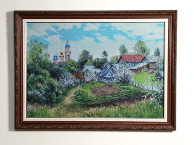 tapestry spring village temple garden trees wall art home decor hand embroidery - Image 1 of 4